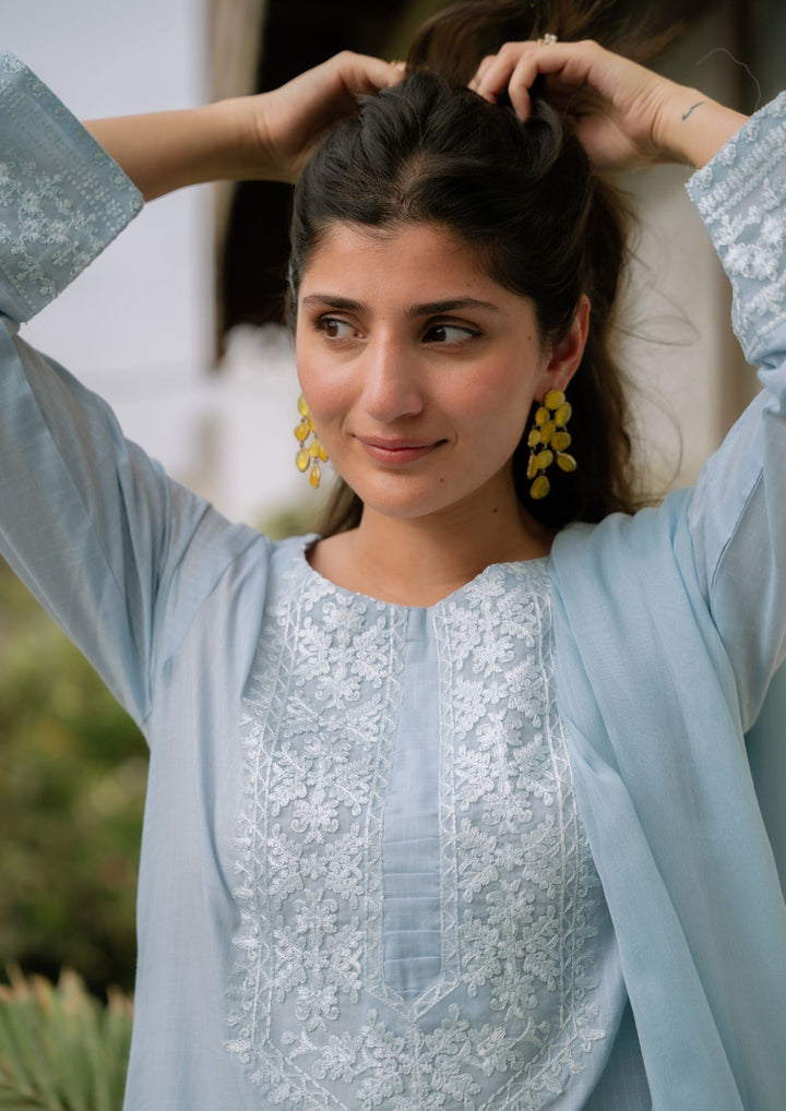 3Pc Ice Blue Embroidered Lawn with Chiffon Dupatta RIW-R26-0006