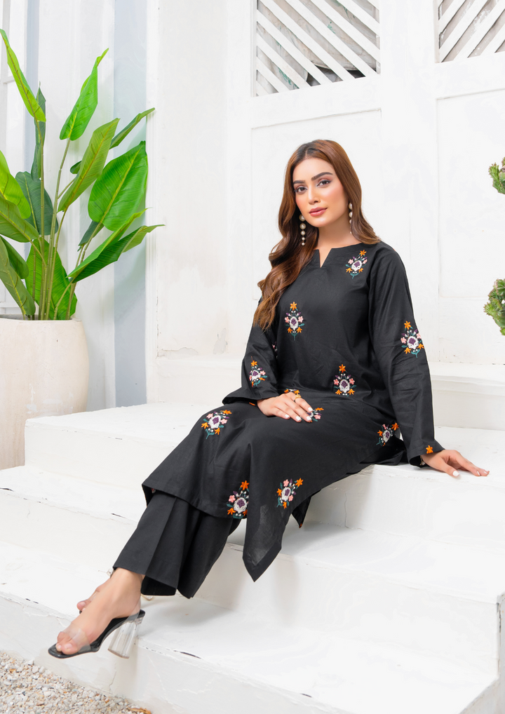 2 Pc Multi Embroidered Cotton Lawn Black ELD-0001