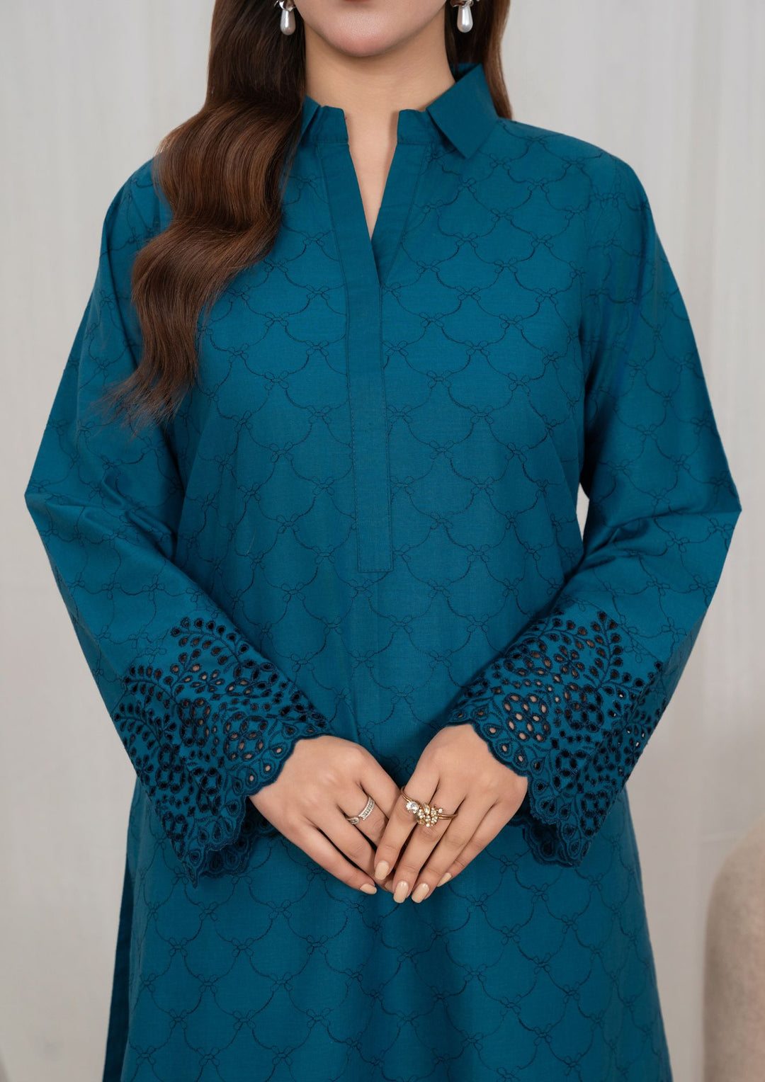 2pc Schiffli Embroidered Cambric Teal Set JASHAN-J26-0045