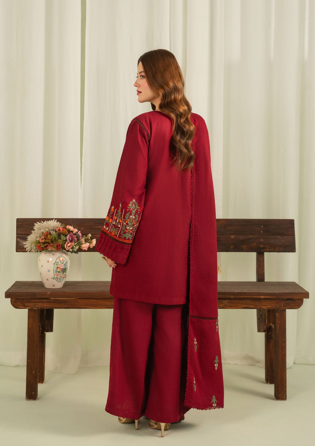3Pc Karandi Embroidered with Karandi Shawl Maroon AFP-A25-0012