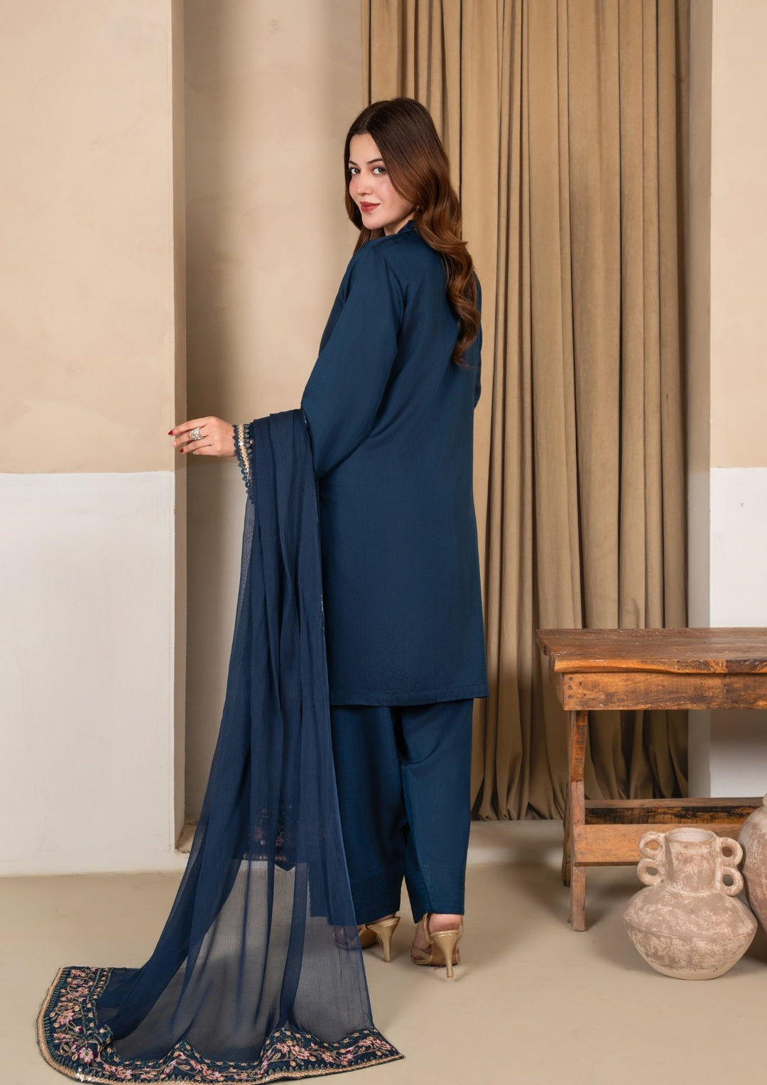3Pc Embroidered Silk Viscose with Farshi Shalwar Steel Blue JASHAN-J26-0002