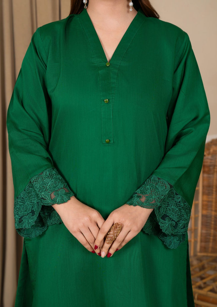 3Pc Embroidered Silk Viscose with Farshi Shalwar Bottle Green JASHAN-J26-0009