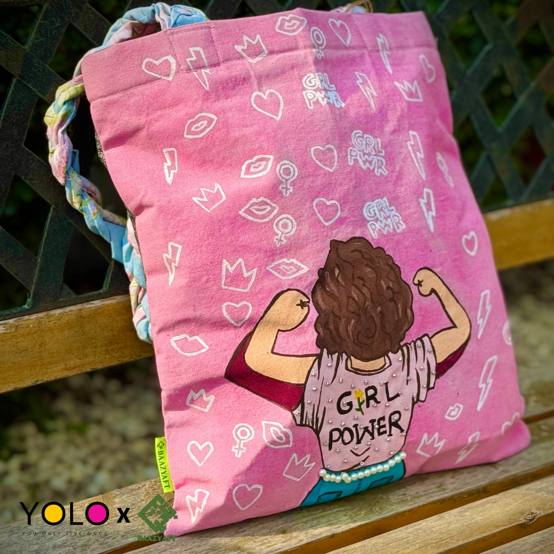 HANDCRAFTED AND HANDPAINTED TOTE BAG WITH BRAIDED STRAP BAZ-B25-0020