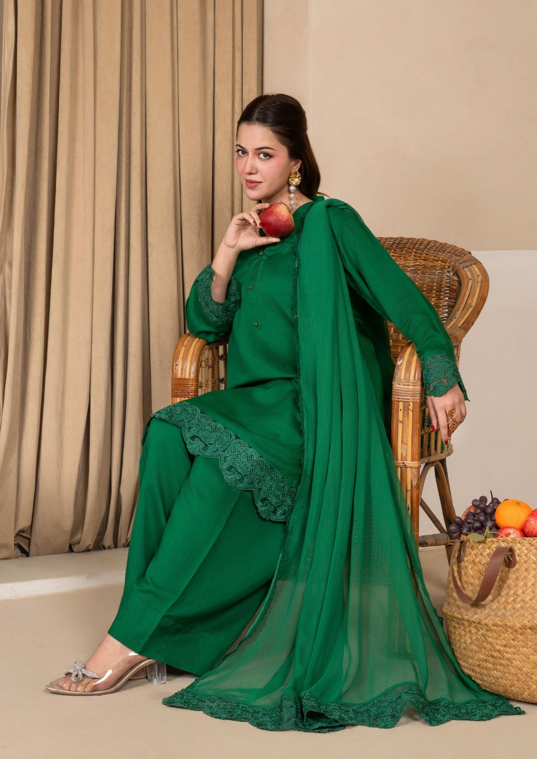 3Pc Embroidered Silk Viscose with Farshi Shalwar Bottle Green JASHAN-J26-0009