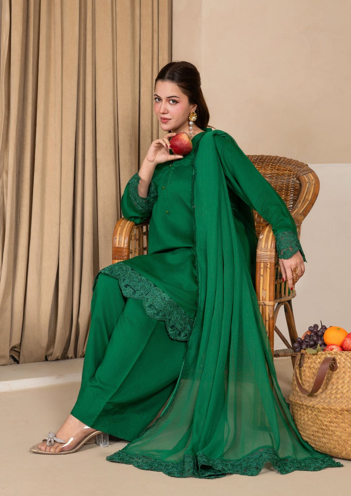 3Pc Embroidered Silk Viscose with Farshi Shalwar Bottle Green JASHAN-J26-0009