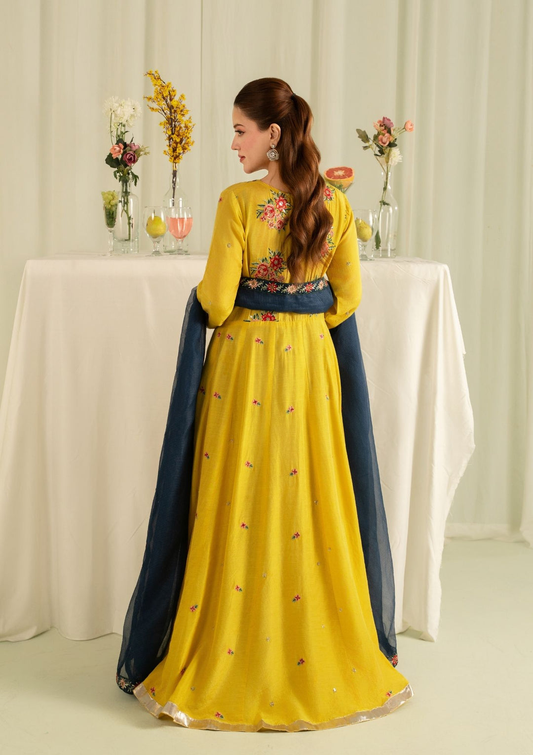 2Pc Embroidered Raw Silk with Net Dupatta Mustard Yellow | LUXE-L25-0006