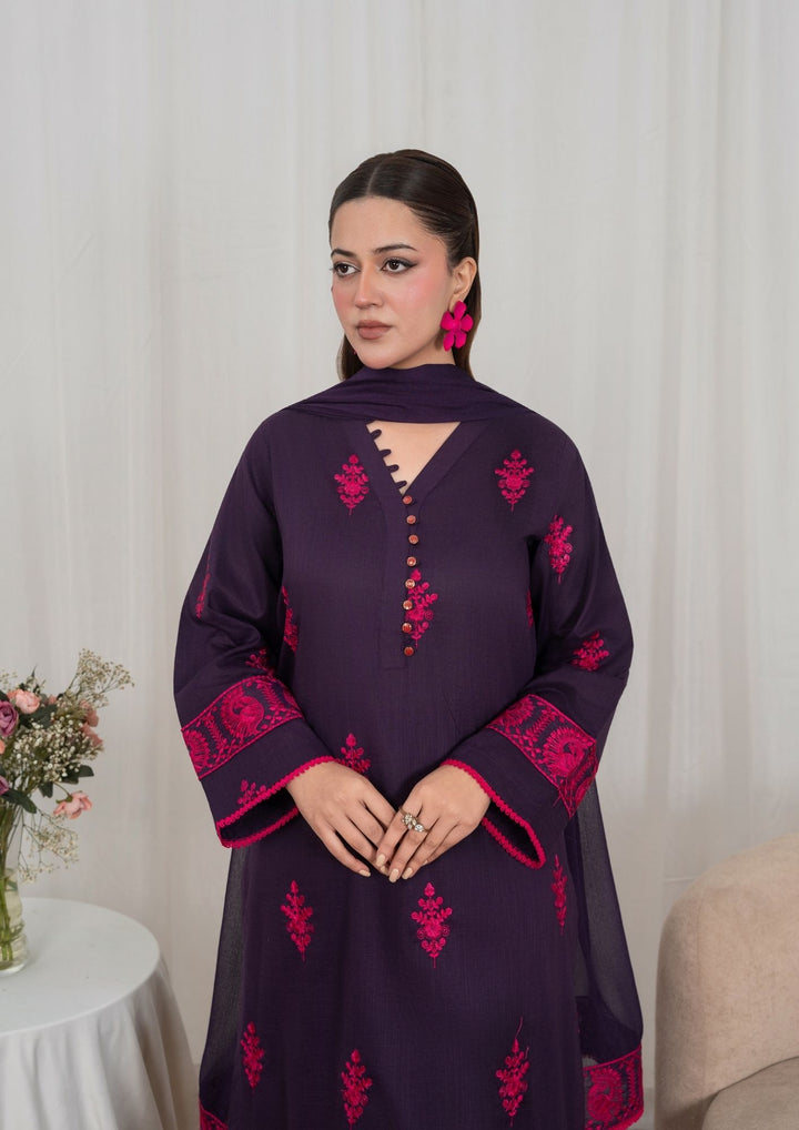 3Pc Embroidered Textured Lawn with Embroidered Border Chiffon Dupatta JASHAN-J26-0035