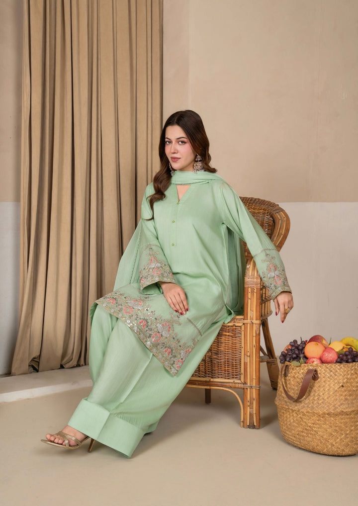 3Pc Embroidered Silk Viscose with Farshi Shalwar Mint JASHAN-J26-0005