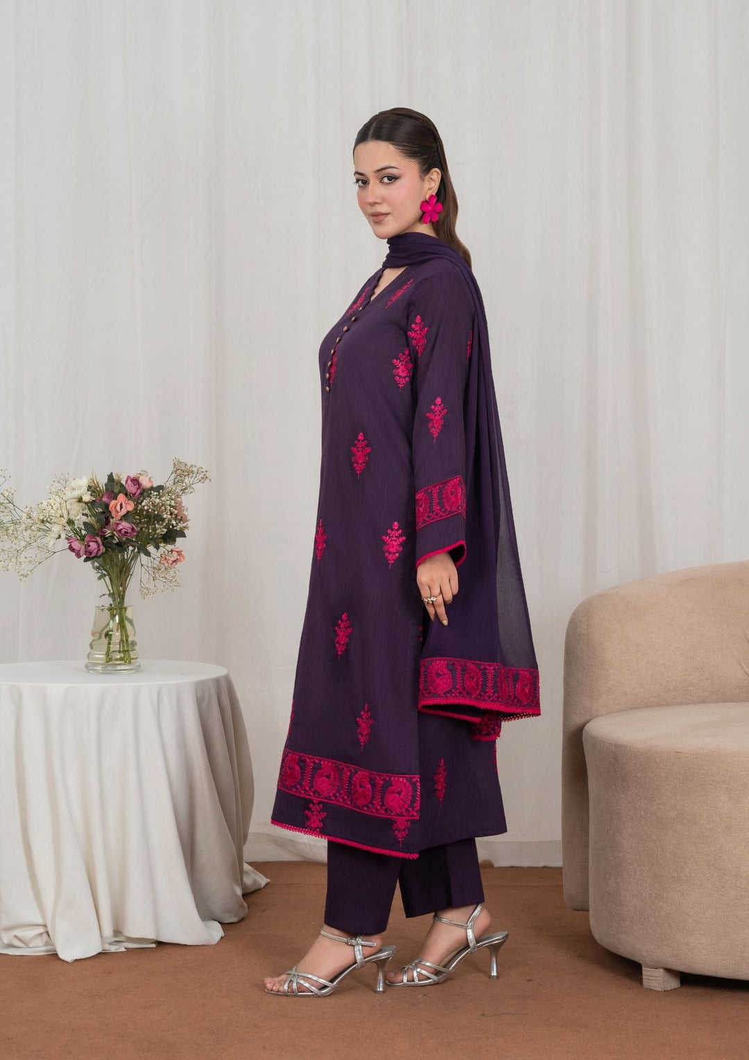 3Pc Embroidered Textured Lawn with Embroidered Border Chiffon Dupatta JASHAN-J26-0035