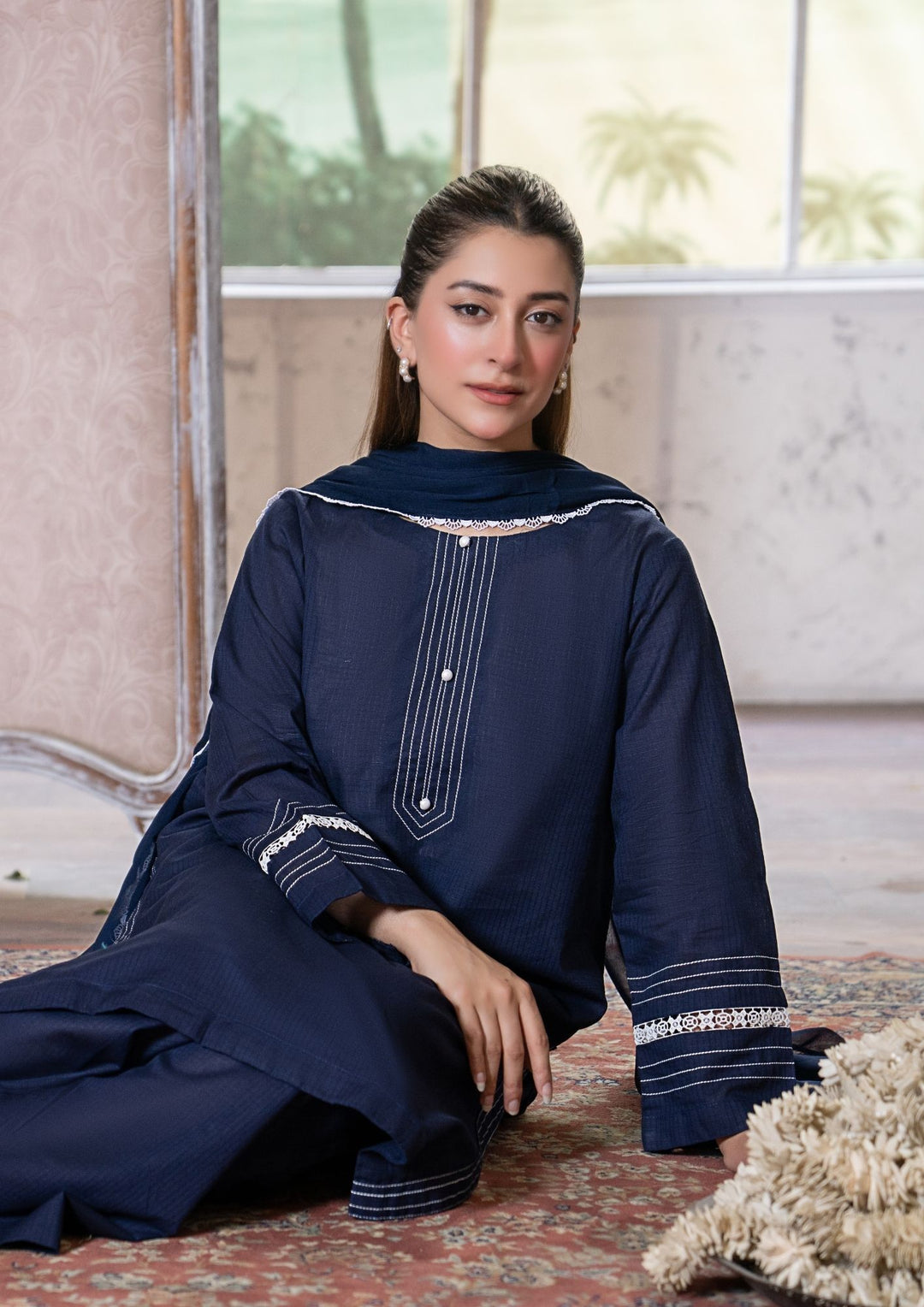3Pc Lawn Navy with Chiffon Dupatta MONO-M26-0012