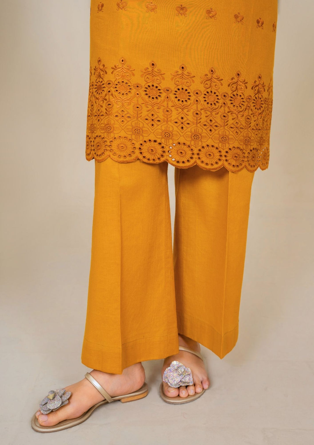 2pc Schiffli Embroidered Cambric Mustard Set | BASANT-B25-0006