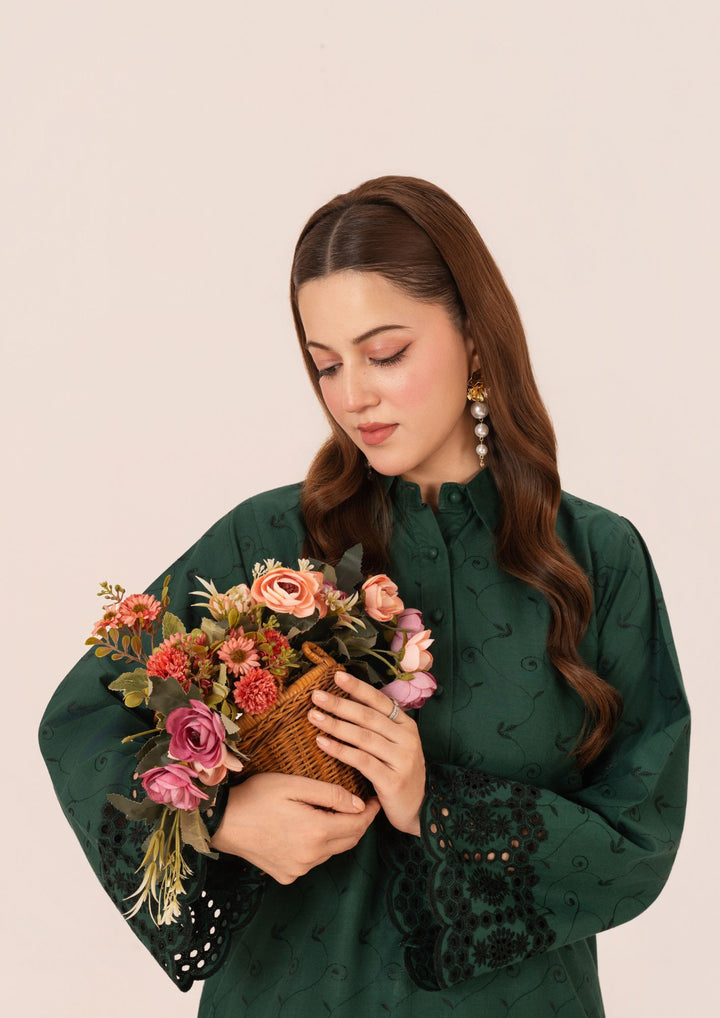 2pc Schiffli Embroidered Cambric Bottle Green Set Rozana-W25-0026