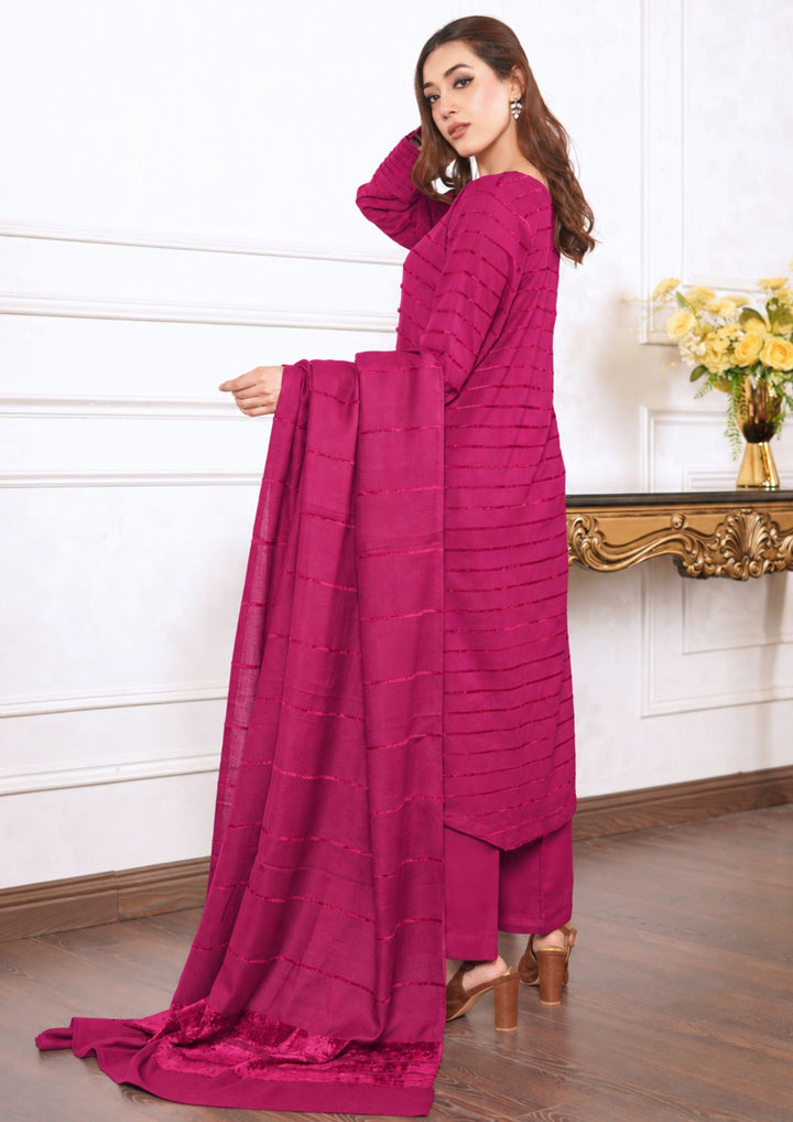 3pc Alpine Velvet Shirt with Velvet Border Shawl and Plain Trouser Hot Pink AML-W26-0006