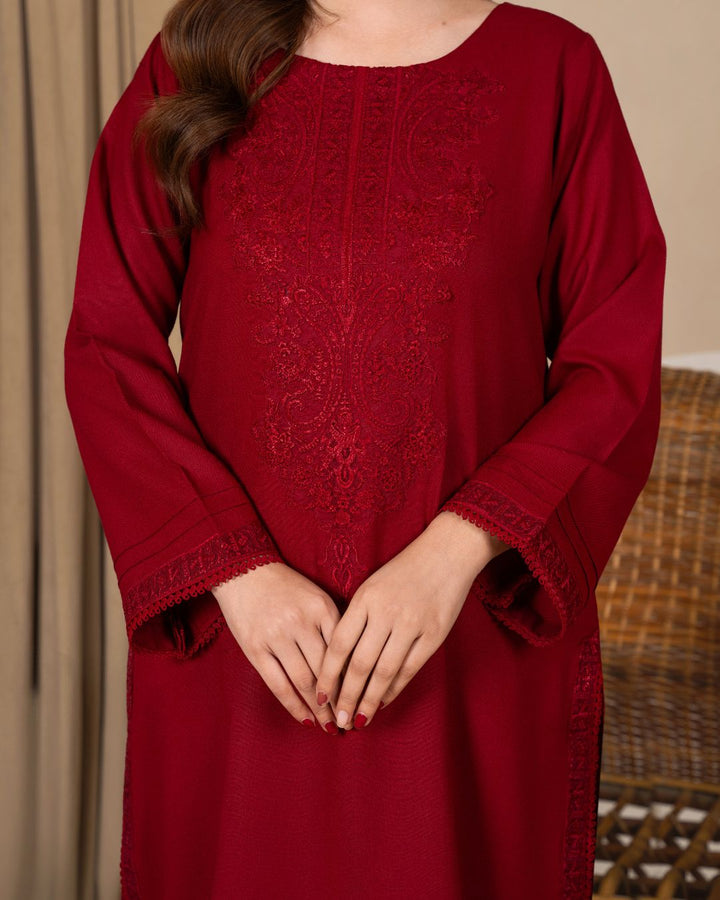 3pc Embroidered Alpine Karandi with Embroidered Border Shawl Maroon AML-W25-0102