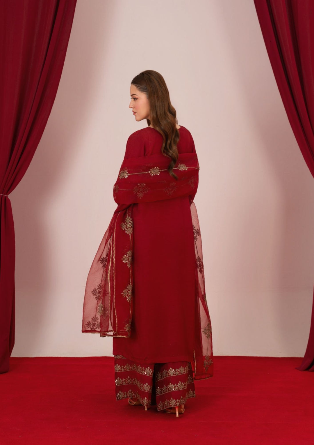 3Pc Embroidered Raw Silk with Organza Dupatta Maroon | LUXE-L25-0002