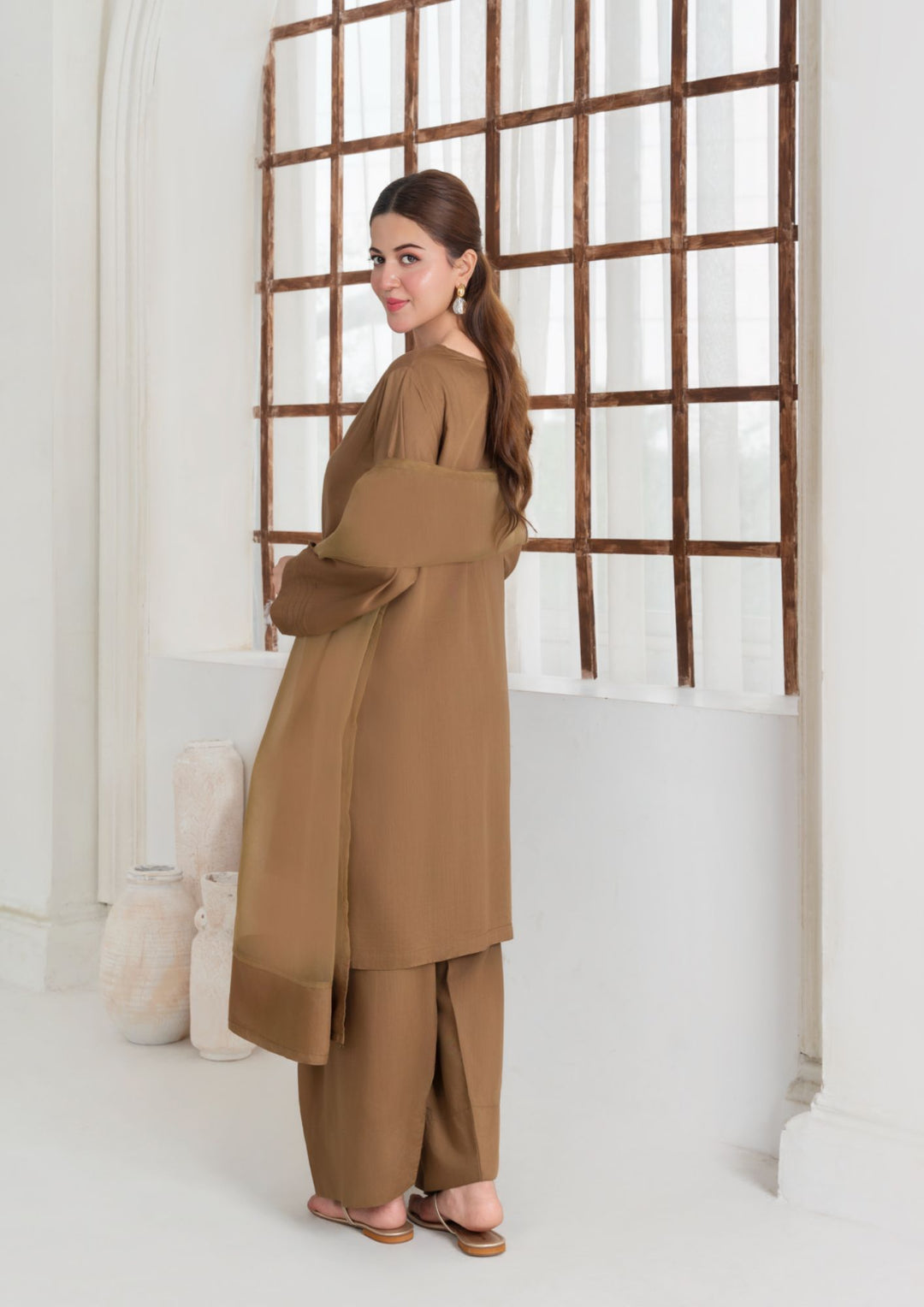 3Pc Silk Viscose with Farshi Shalwar with Organza Dupatta AML-S25-0057