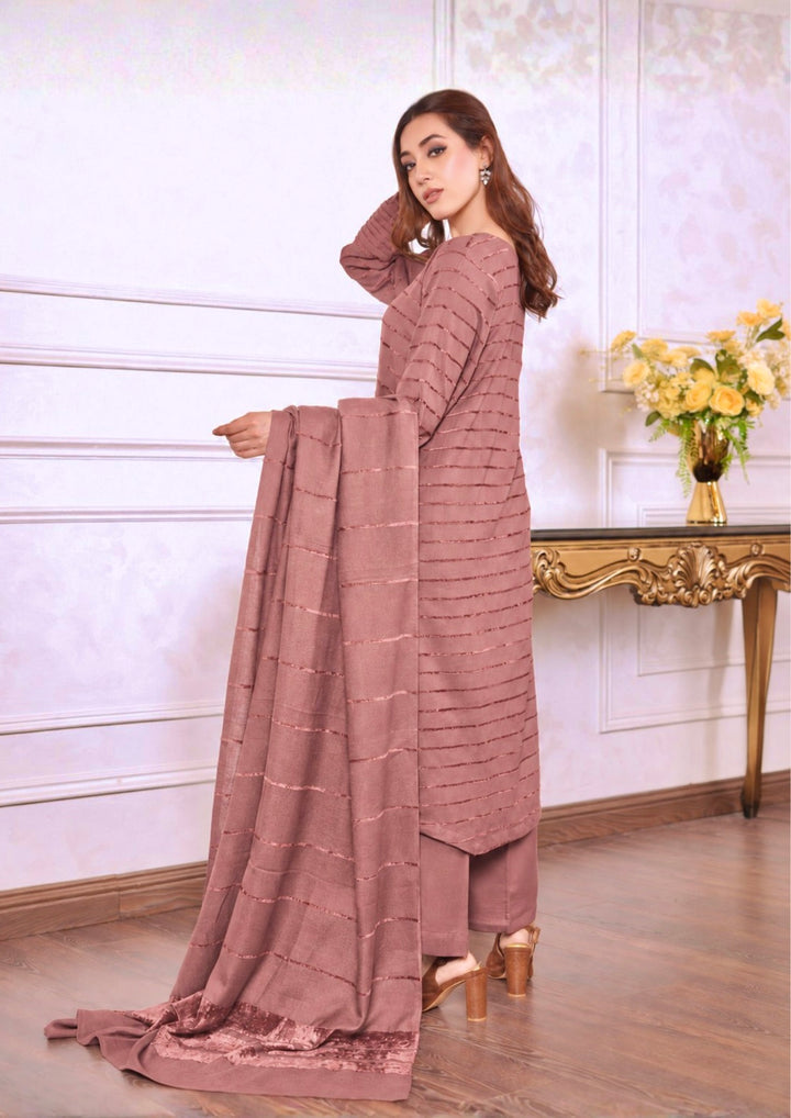 3pc Alpine Velvet Shirt with Velvet Border Shawl and Plain Trouser Tea Pink AML-W26-0008