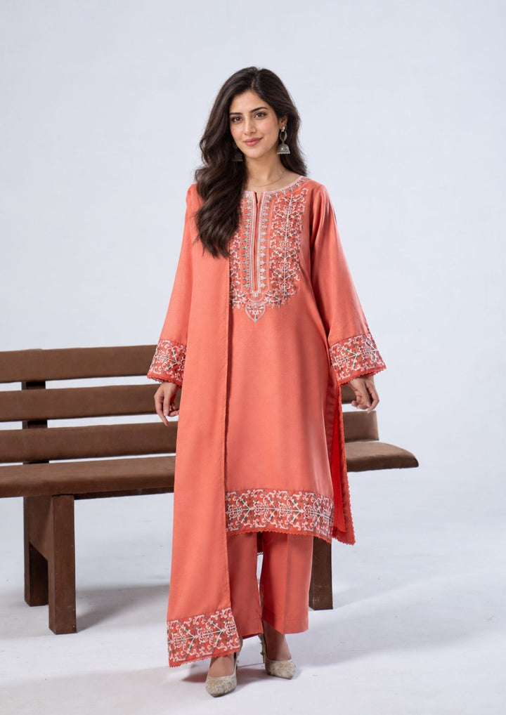 3Pc Embroidered Alpine Karandi Coral SAY-W26-0013