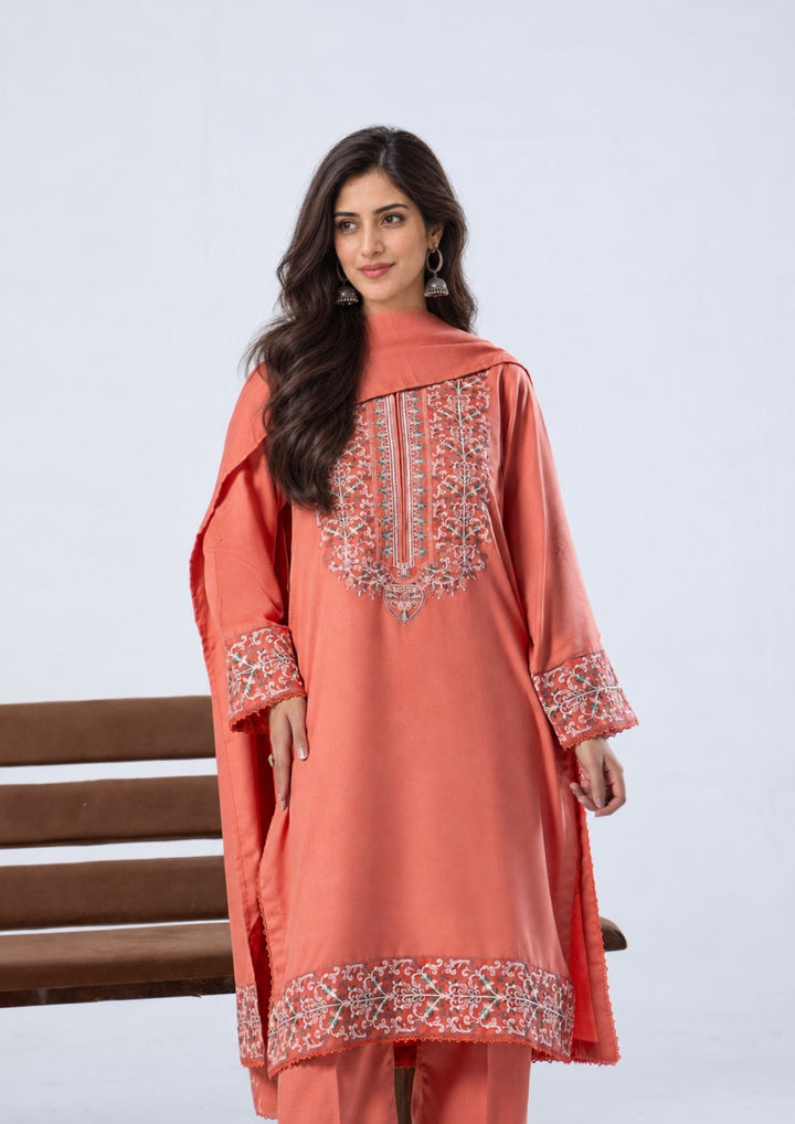 3Pc Embroidered Alpine Karandi Coral SAY-W26-0013