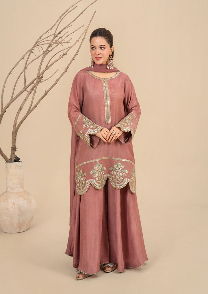 3Pc  Silk Viscose Suit with Chiffon Dupatta & Sharara Tea Pink JASHAN-J26-0014