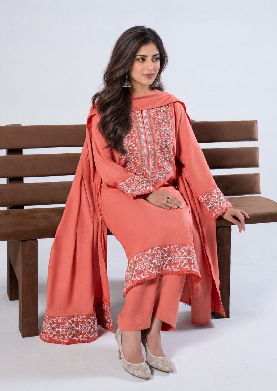 3Pc Embroidered Alpine Karandi Coral SAY-W26-0013