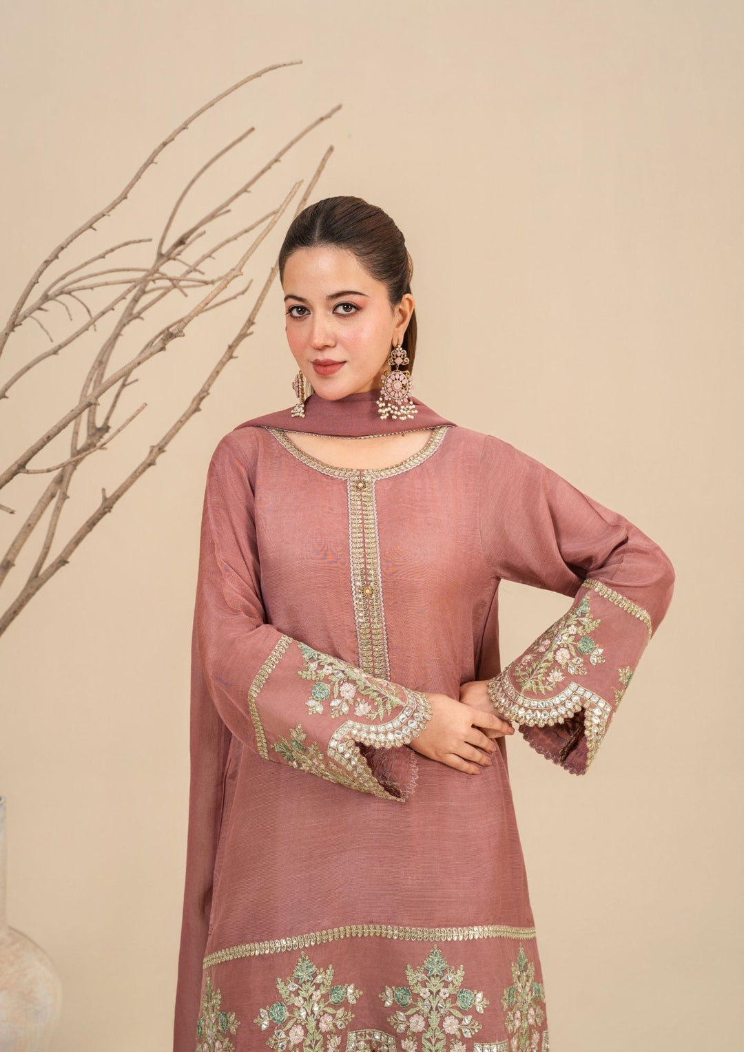 3Pc  Silk Viscose Suit with Chiffon Dupatta & Sharara Tea Pink JASHAN-J26-0014
