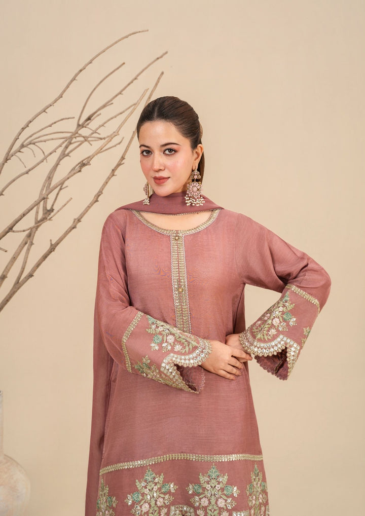 3Pc  Silk Viscose Suit with Chiffon Dupatta & Sharara Tea Pink JASHAN-J26-0014