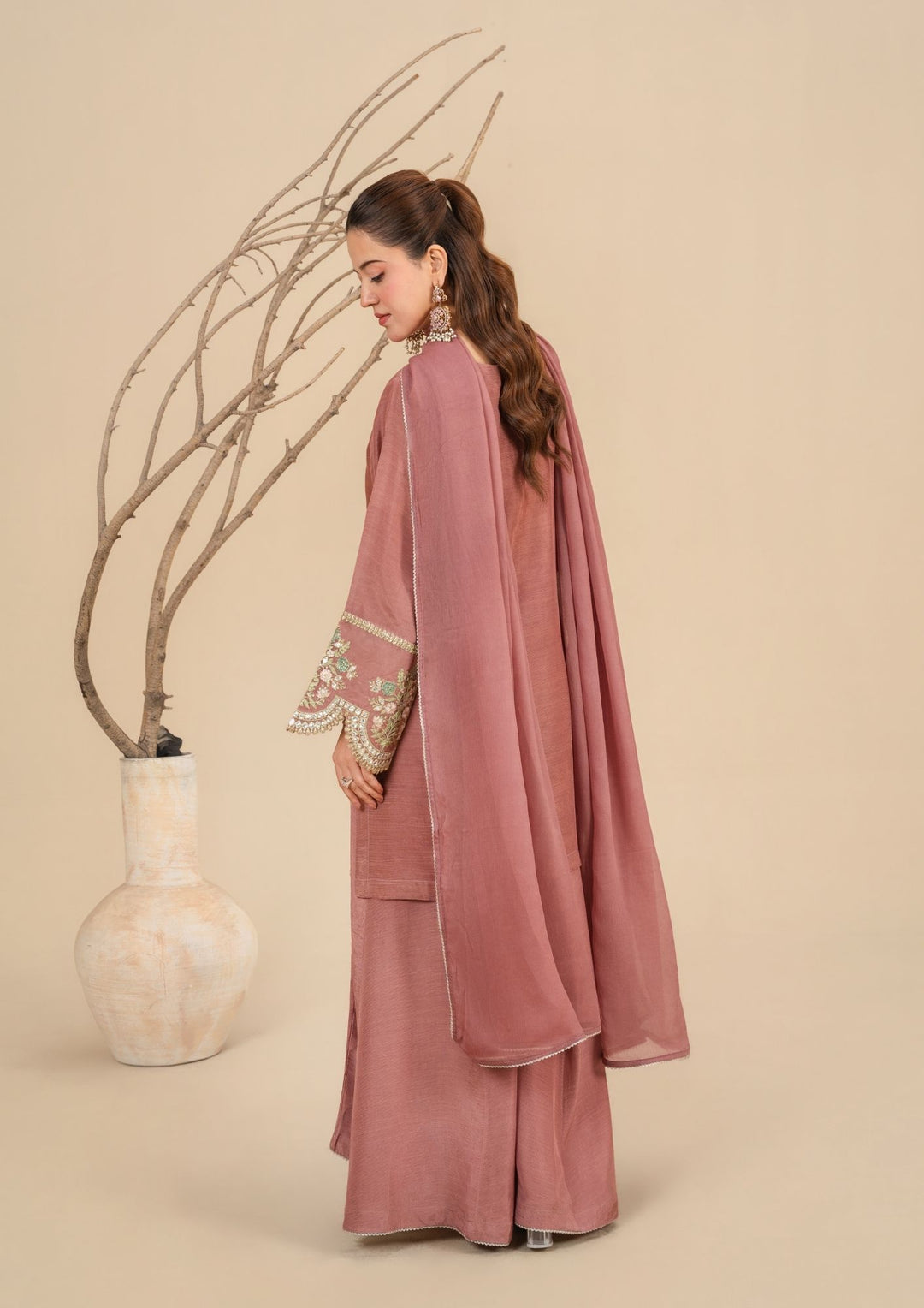 3Pc  Silk Viscose Suit with Chiffon Dupatta & Sharara Tea Pink JASHAN-J26-0014