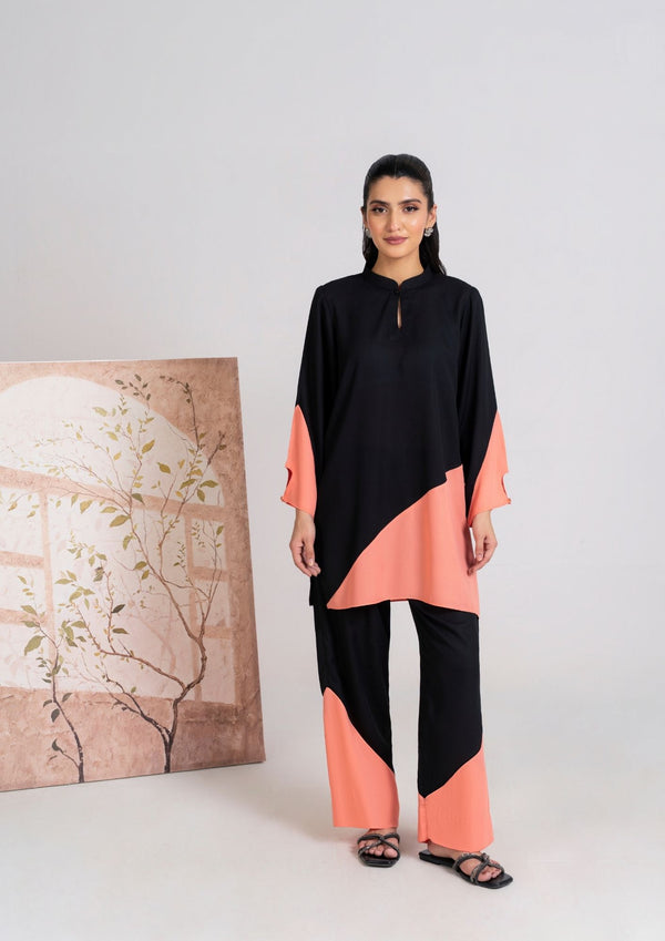 2PC Coral Noir Georgette Color-Block Set JUPITER-F25-0008