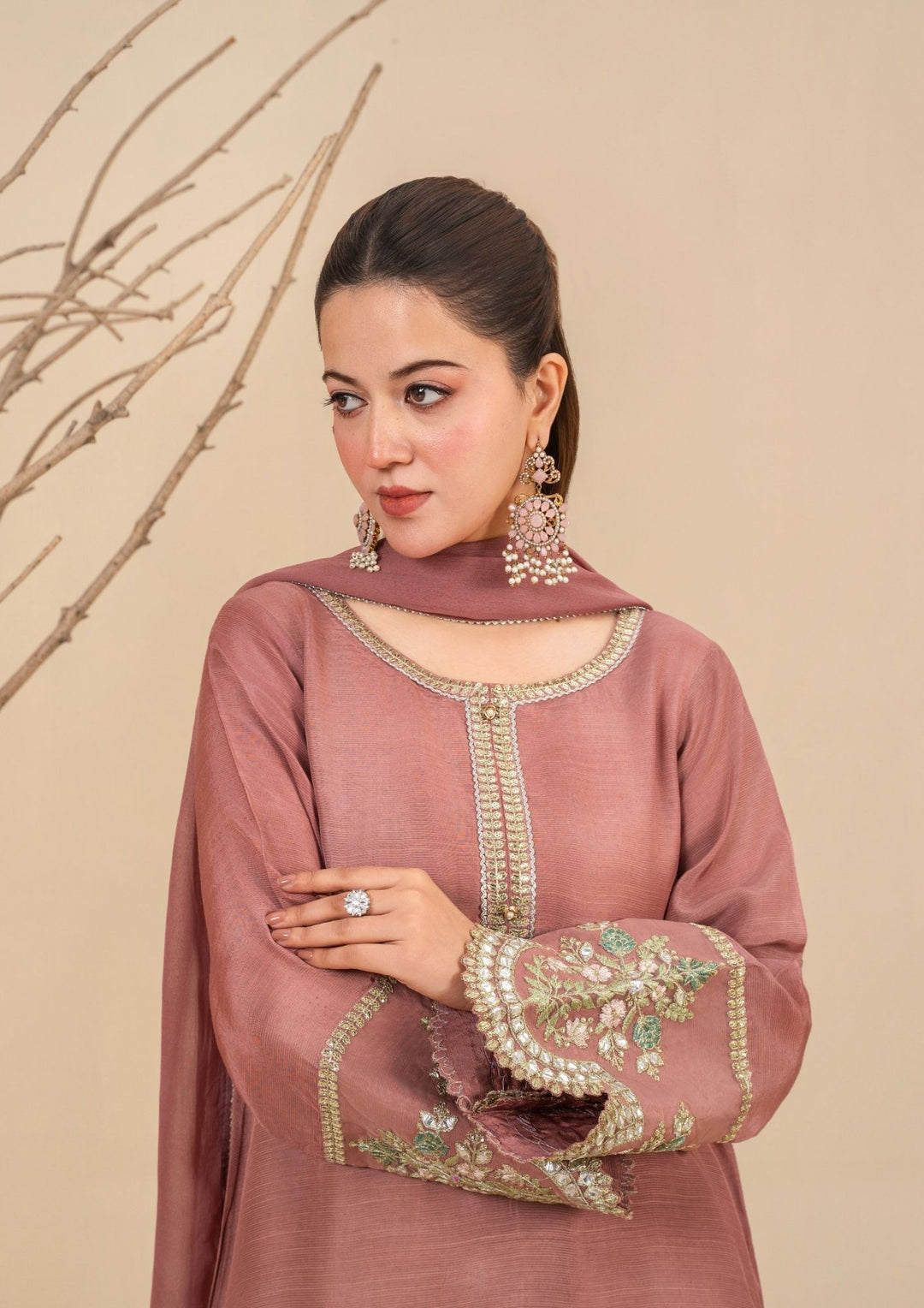 3Pc  Silk Viscose Suit with Chiffon Dupatta & Sharara Tea Pink JASHAN-J26-0014