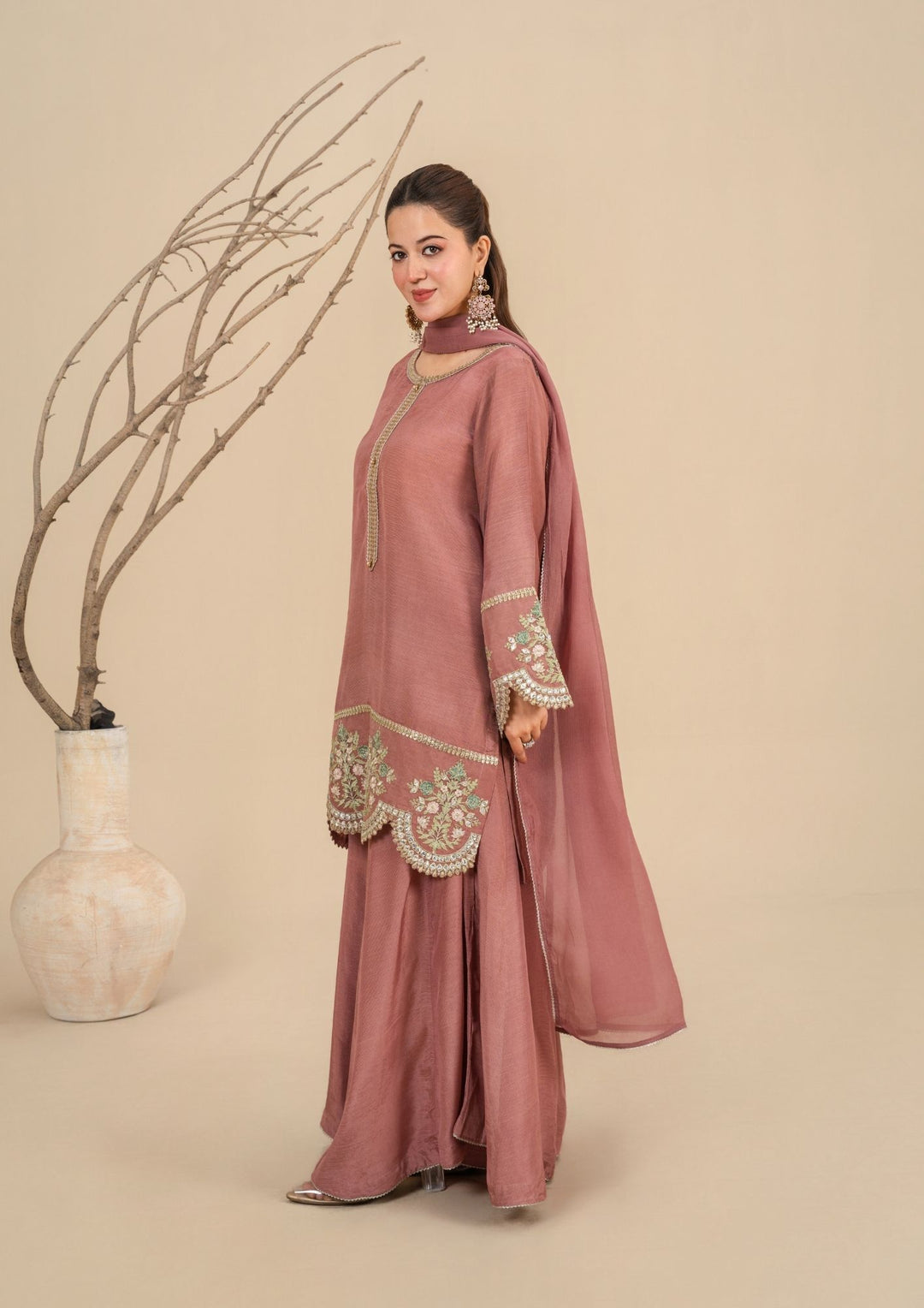 3Pc  Silk Viscose Suit with Chiffon Dupatta & Sharara Tea Pink JASHAN-J26-0014