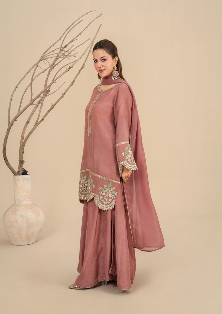 3Pc  Silk Viscose Suit with Chiffon Dupatta & Sharara Tea Pink JASHAN-J26-0014