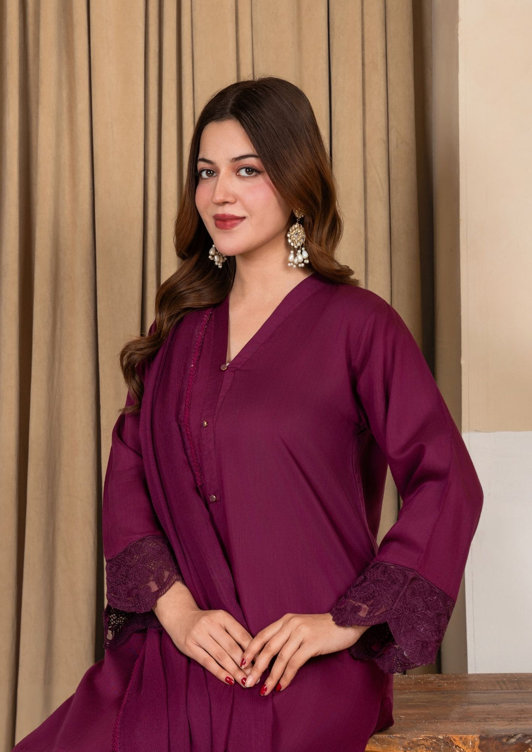 3Pc Embroidered Silk Viscose with Farshi Shalwar Magenta JASHAN-J26-0011