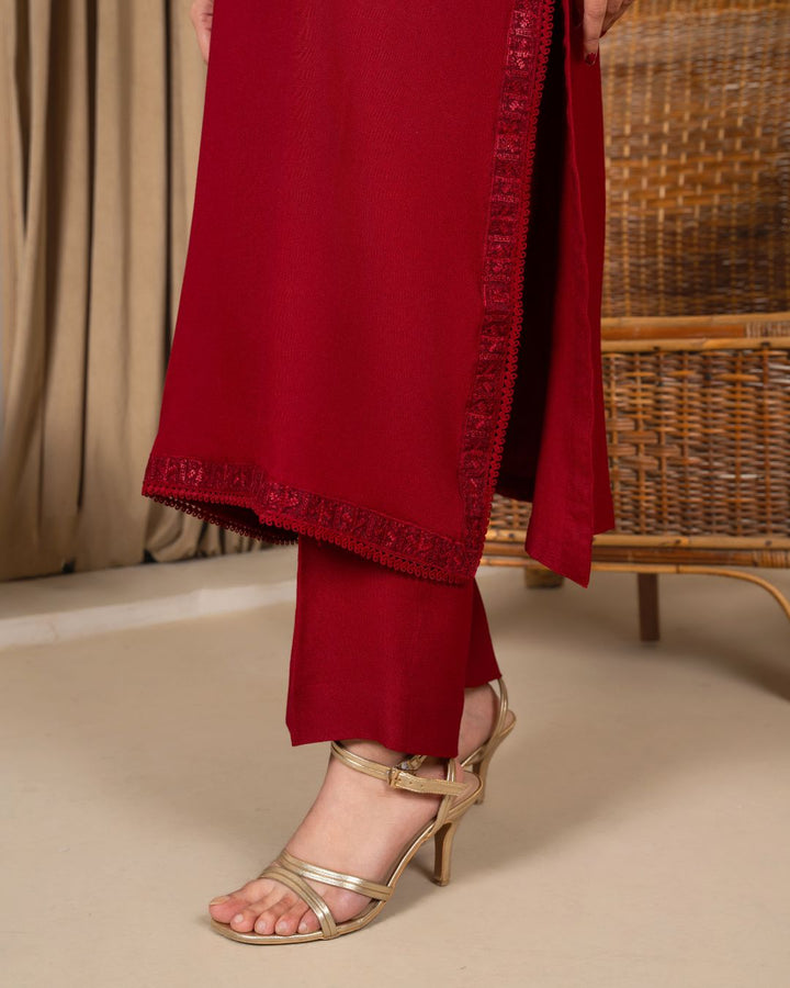 3pc Embroidered Alpine Karandi with Embroidered Border Shawl Maroon AML-W25-0102