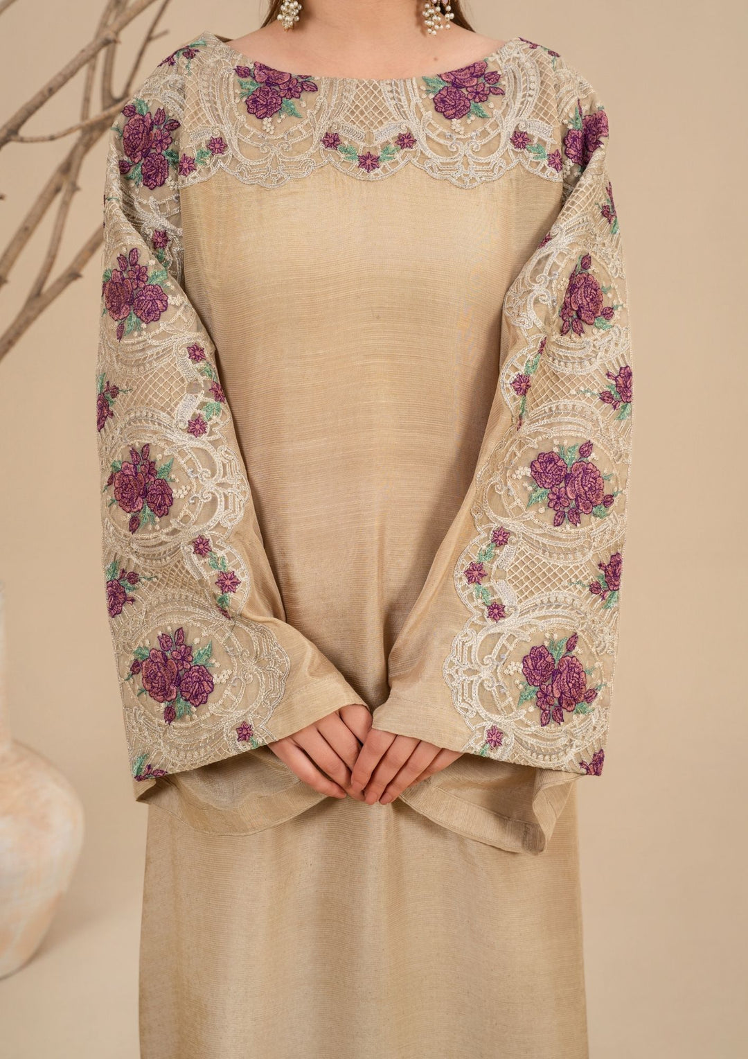 2Pc Silk Viscose Kaftan Beige JASHAN-J26-0024