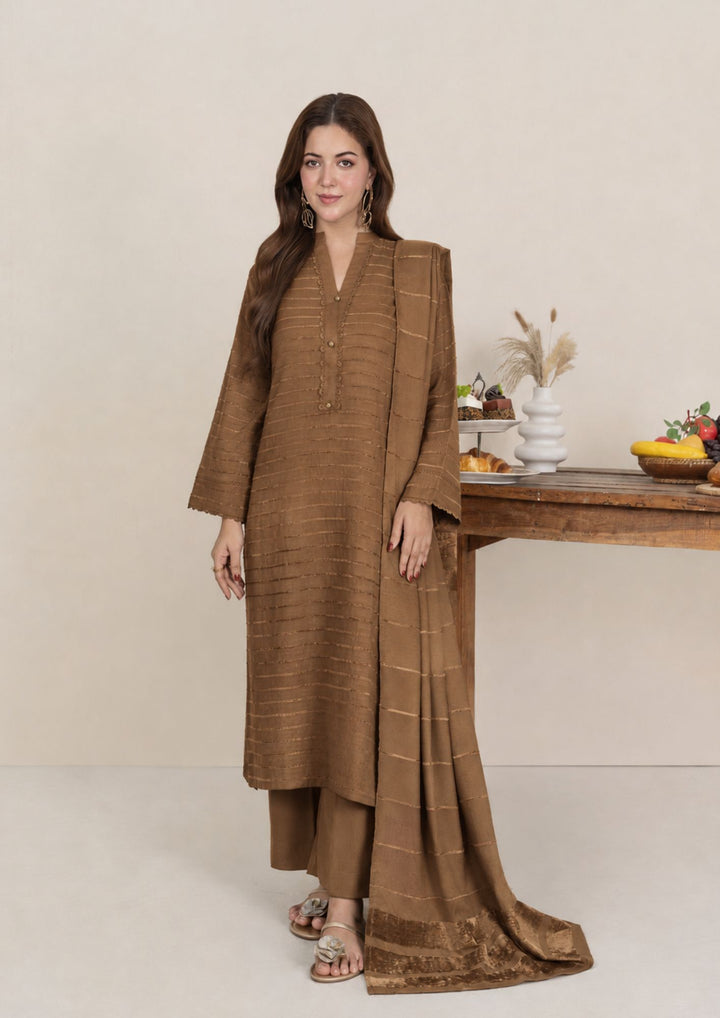 3pc Alpine Velvet Shirt with Velvet Border Shawl and Plain Trouser Chikoo AML-W26-0002