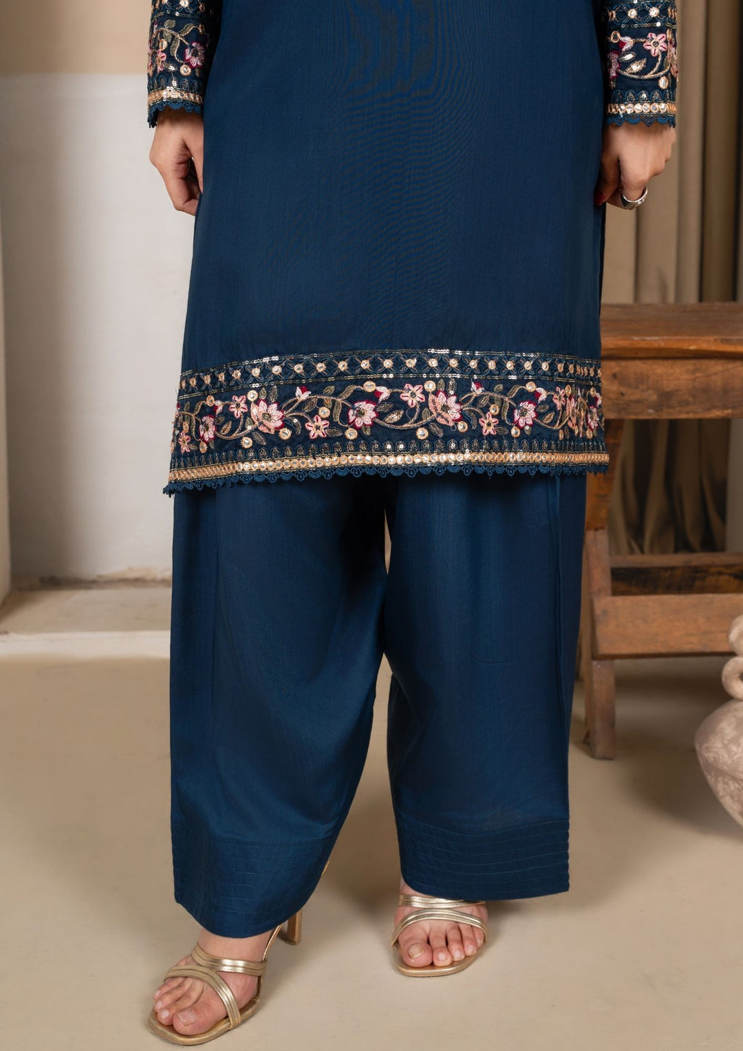 3Pc Embroidered Silk Viscose with Farshi Shalwar Steel Blue JASHAN-J26-0002