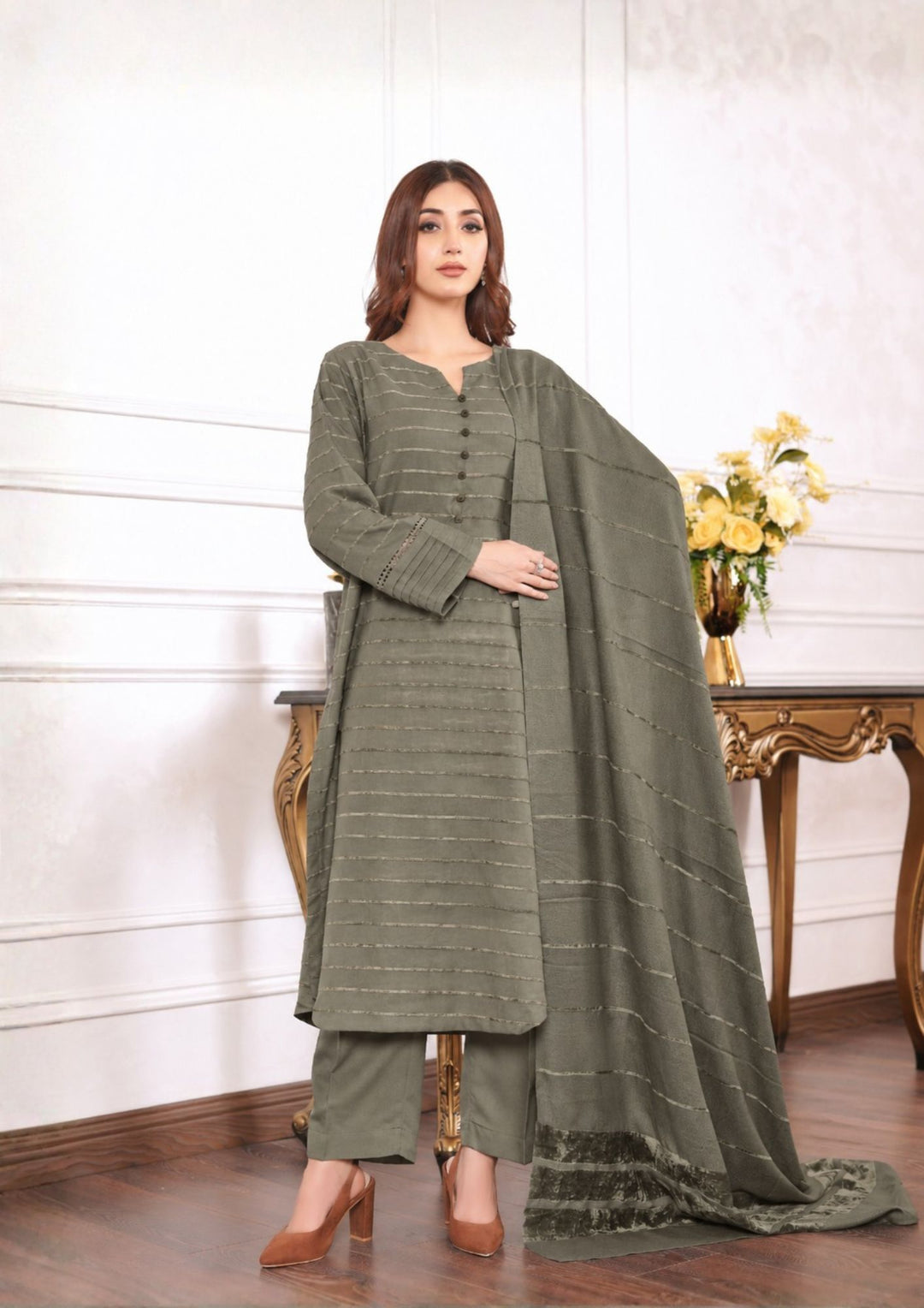 3pc Alpine Velvet Shirt with Velvet Border Shawl and Plain Trouser Grey AML-W26-0007
