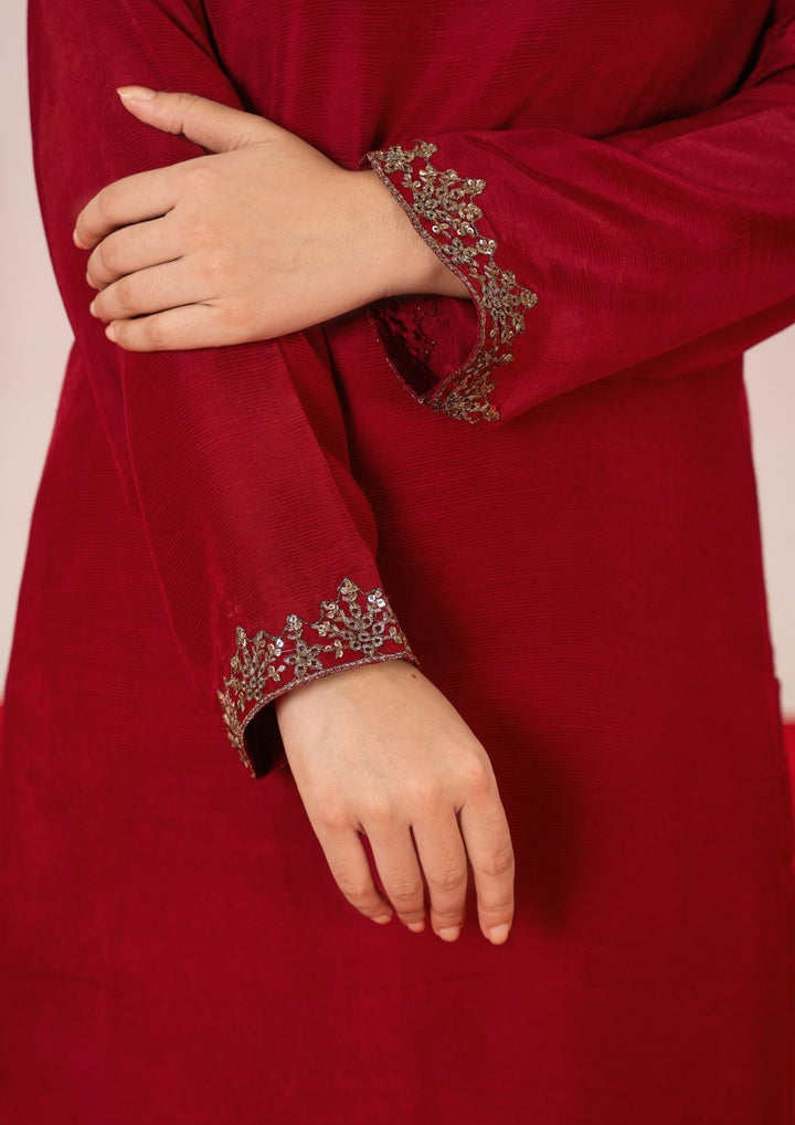 3Pc Embroidered Raw Silk with Organza Dupatta Maroon | LUXE-L25-0002