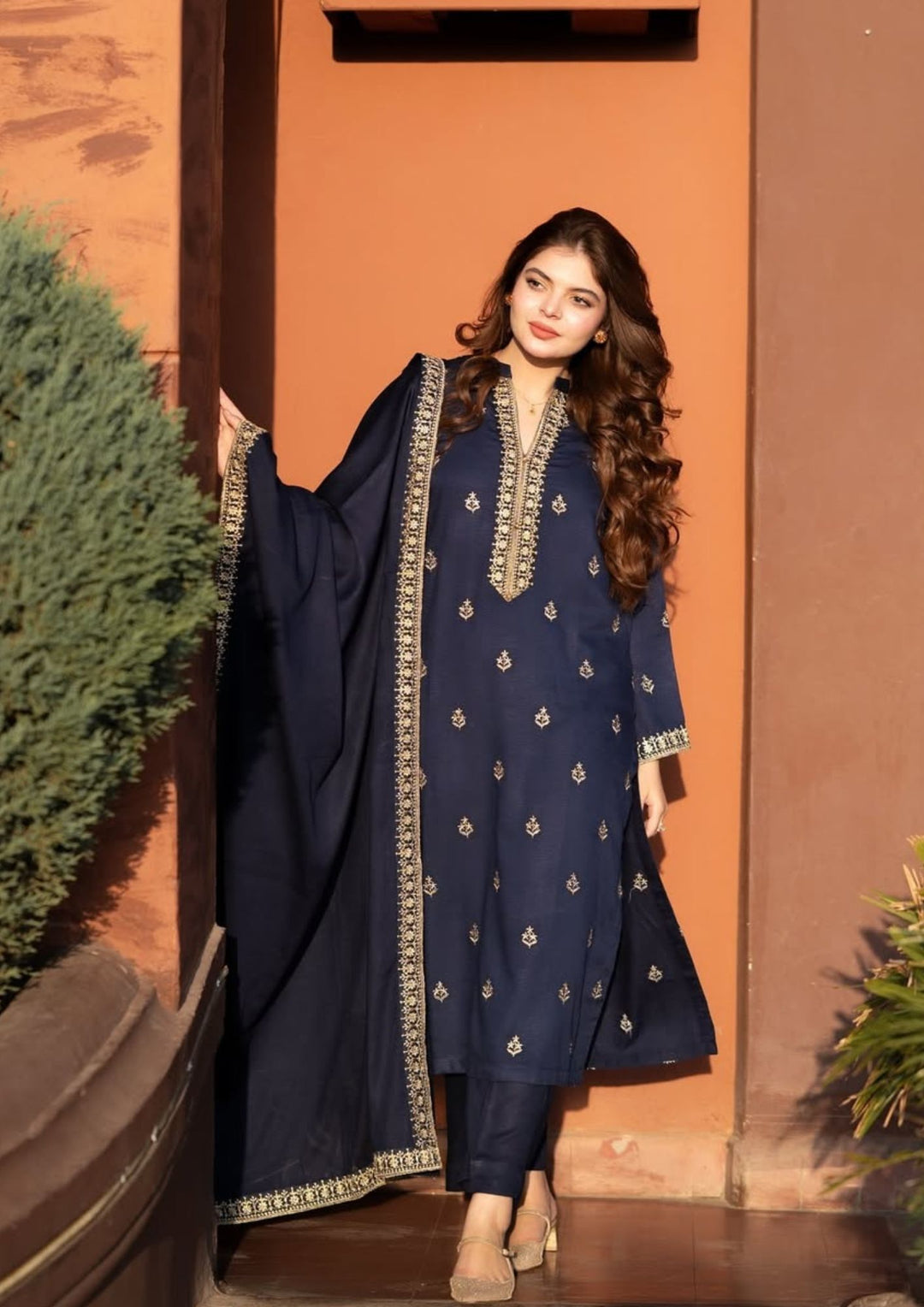 3Pc Tilla Embroidered Alpine with Tilla Embroidered Border Shawl W24-TIL-0014