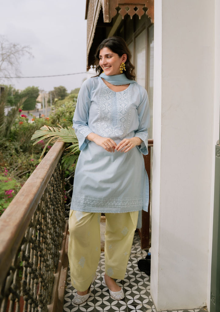 3Pc Ice Blue Embroidered Lawn with Chiffon Dupatta RIW-R26-0006