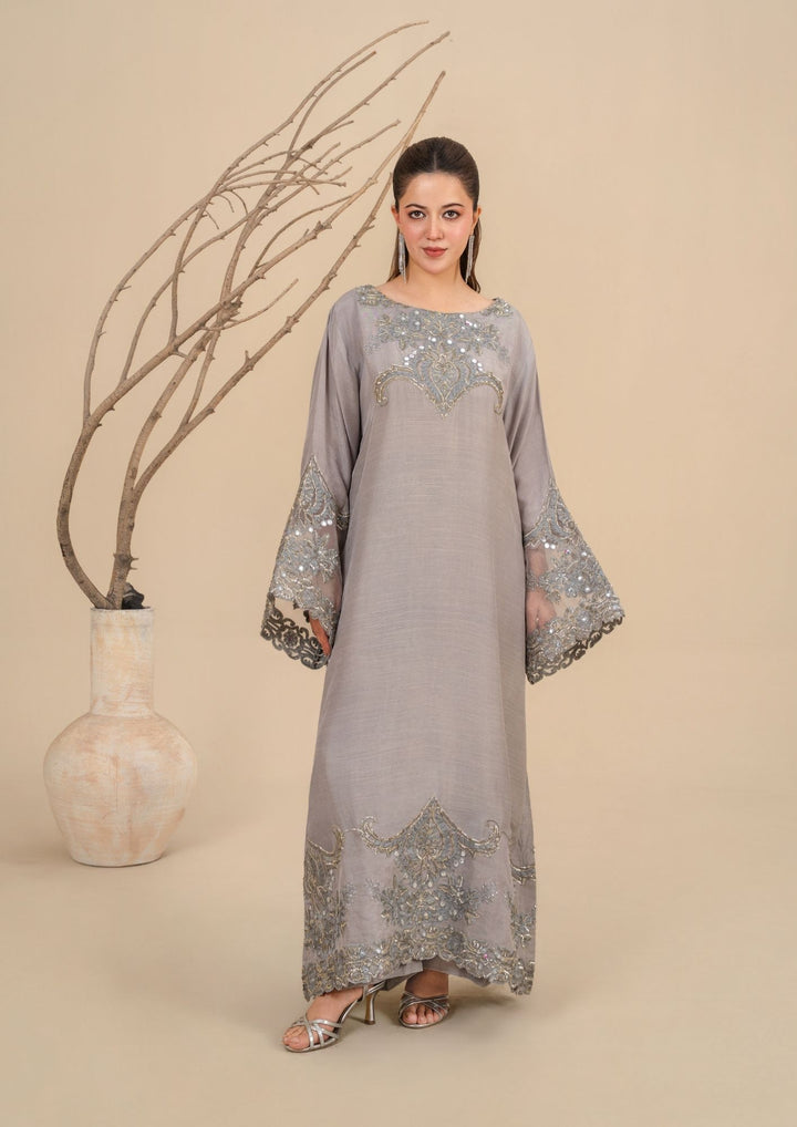 2Pc Silk Viscose Kaftan Silver JASHAN-J26-0025