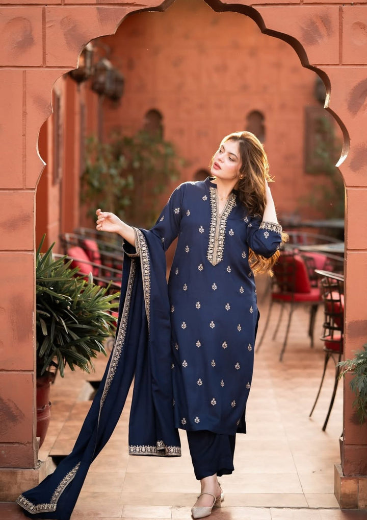 3Pc Tilla Embroidered Alpine with Tilla Embroidered Border Shawl W24-TIL-0014