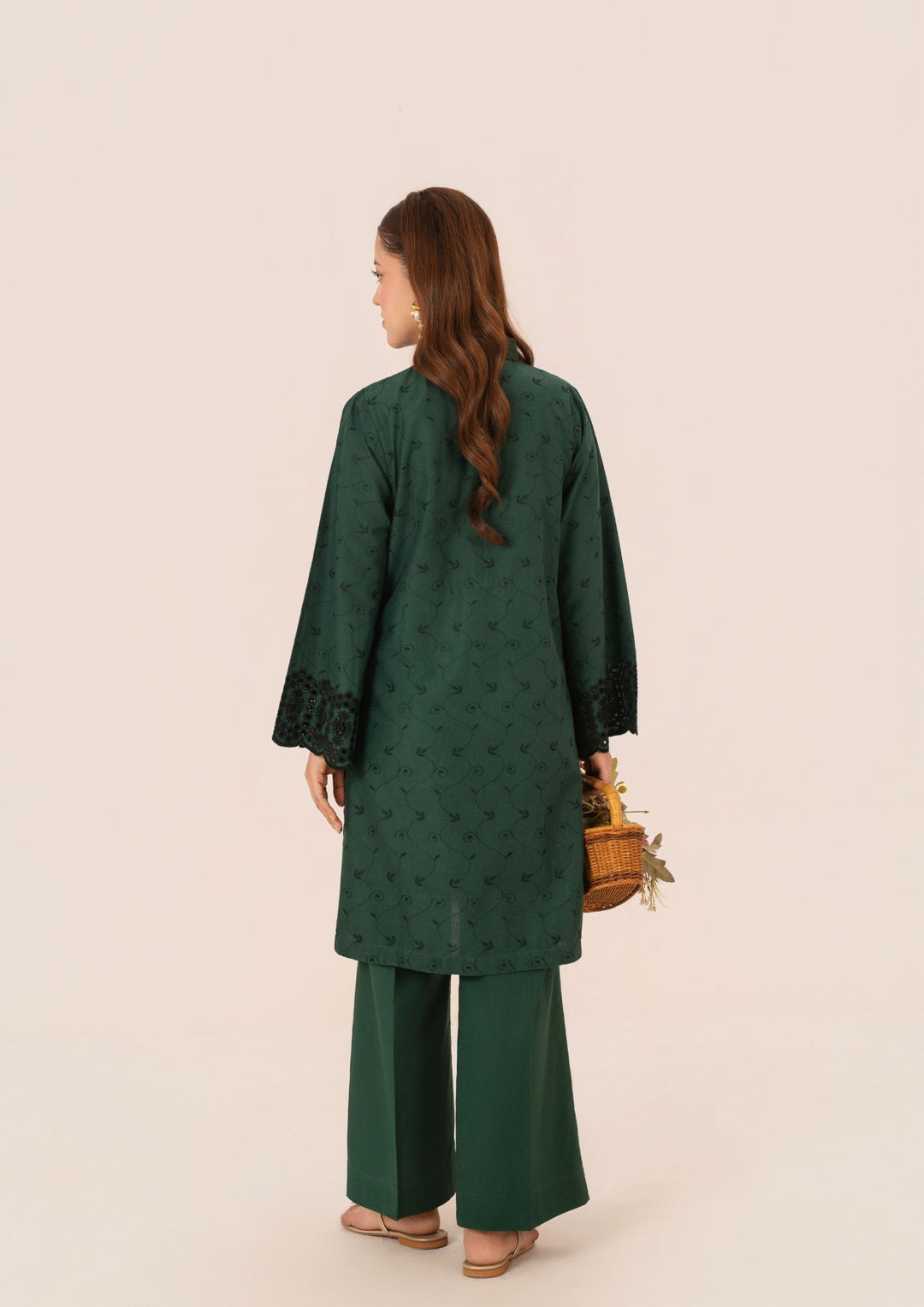 2pc Schiffli Embroidered Cambric Bottle Green Set Rozana-W25-0026