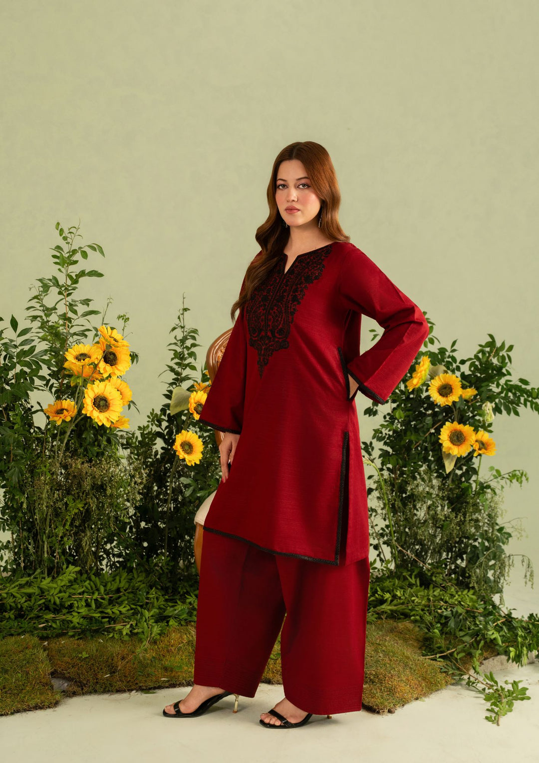 2pc Embroidered Khaddar with Farshi Shalwar Maroon AML-W25-0051