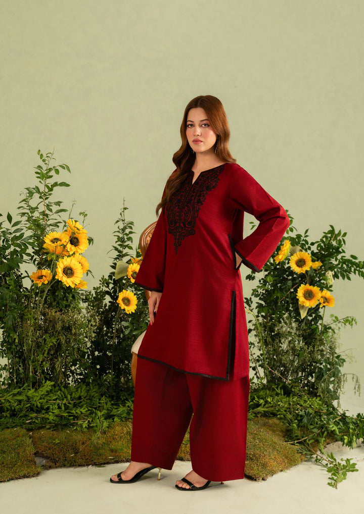 2pc Embroidered Khaddar with Farshi Shalwar Maroon AML-W25-0051