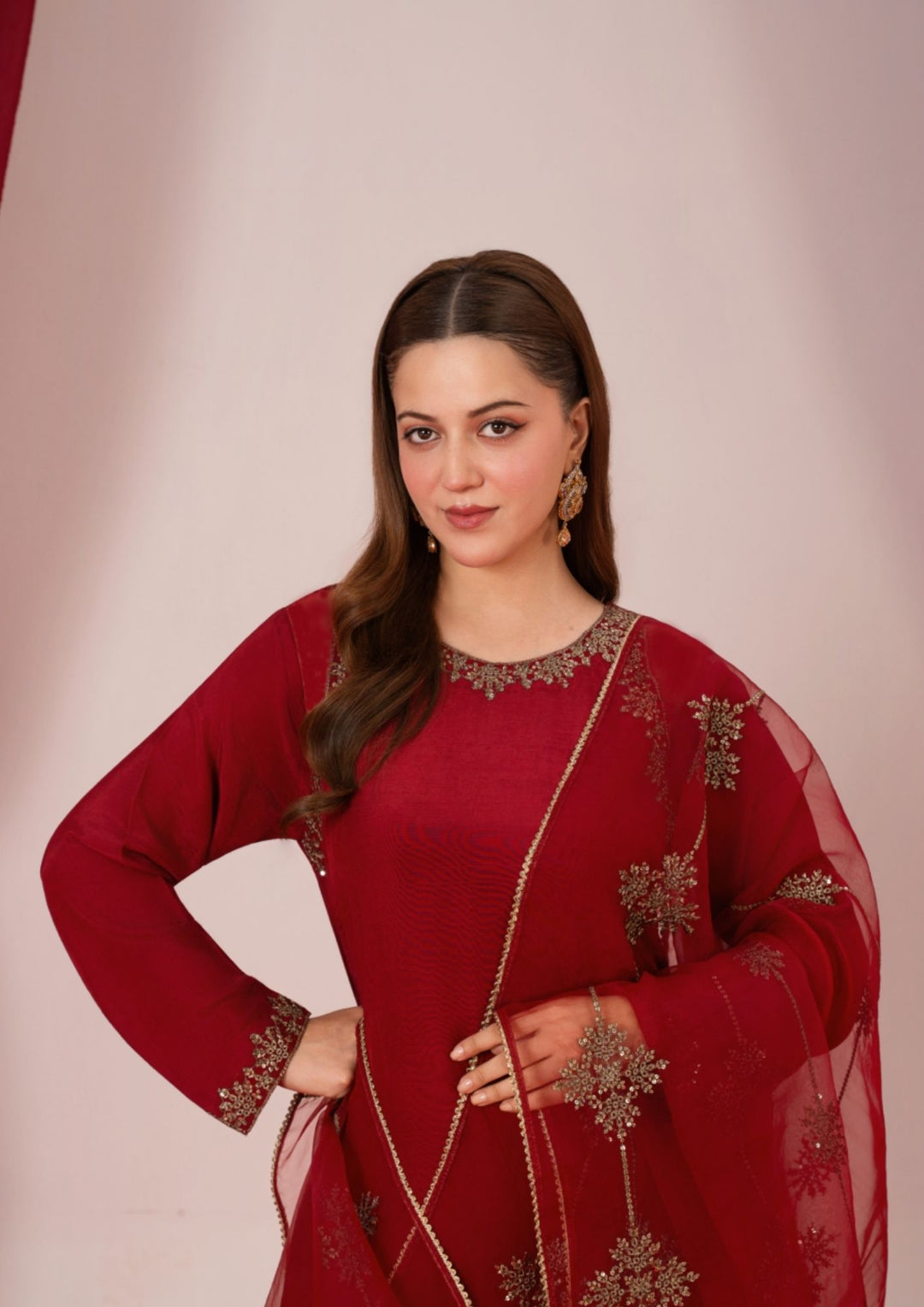 3Pc Embroidered Raw Silk with Organza Dupatta Maroon | LUXE-L25-0002