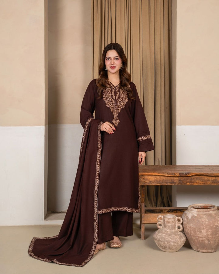 3pc Embroidered Alpine Karandi with Embroidered Border Shawl Brown AML-W25-0101