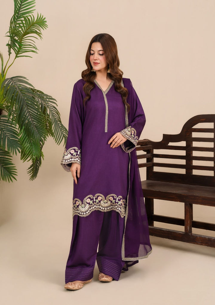 3-Piece Silk Viscose Suit with Chiffon Dupatta & Farshi Shalwar | BASANT-B25-0002