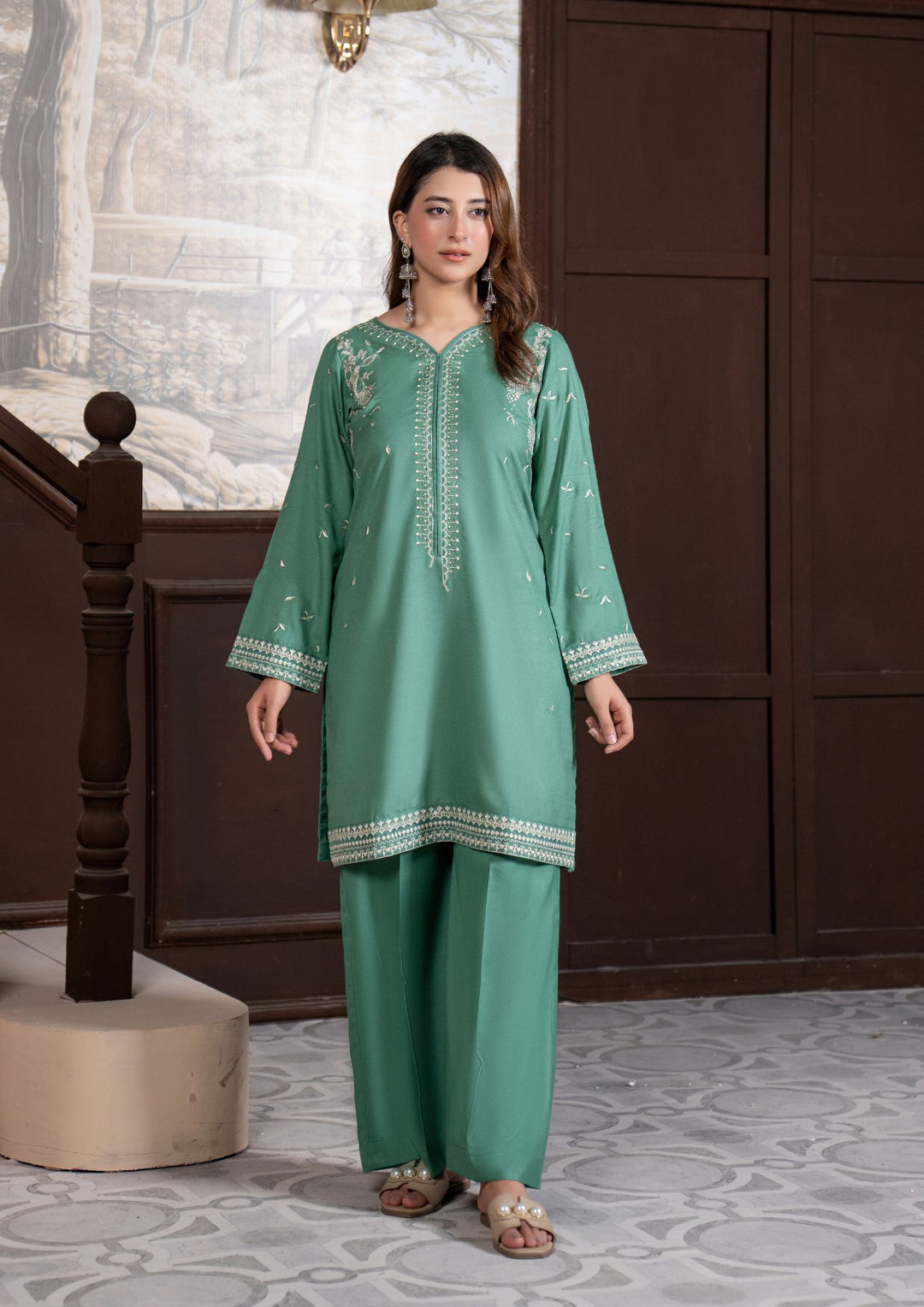 2Pc Multi Embroidered Alpine Marina Sea Green SAY-W26-0030